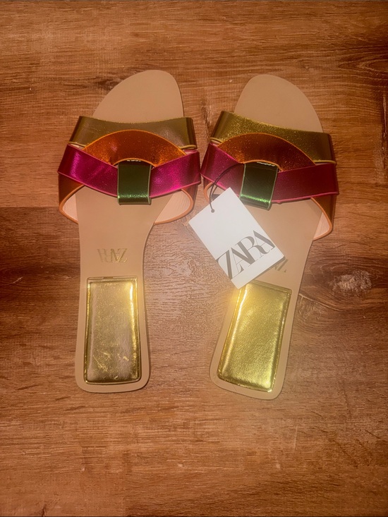 Zara Shoes - NWT Zara Metallic Multicolor Strappy Flat Slide Sandals